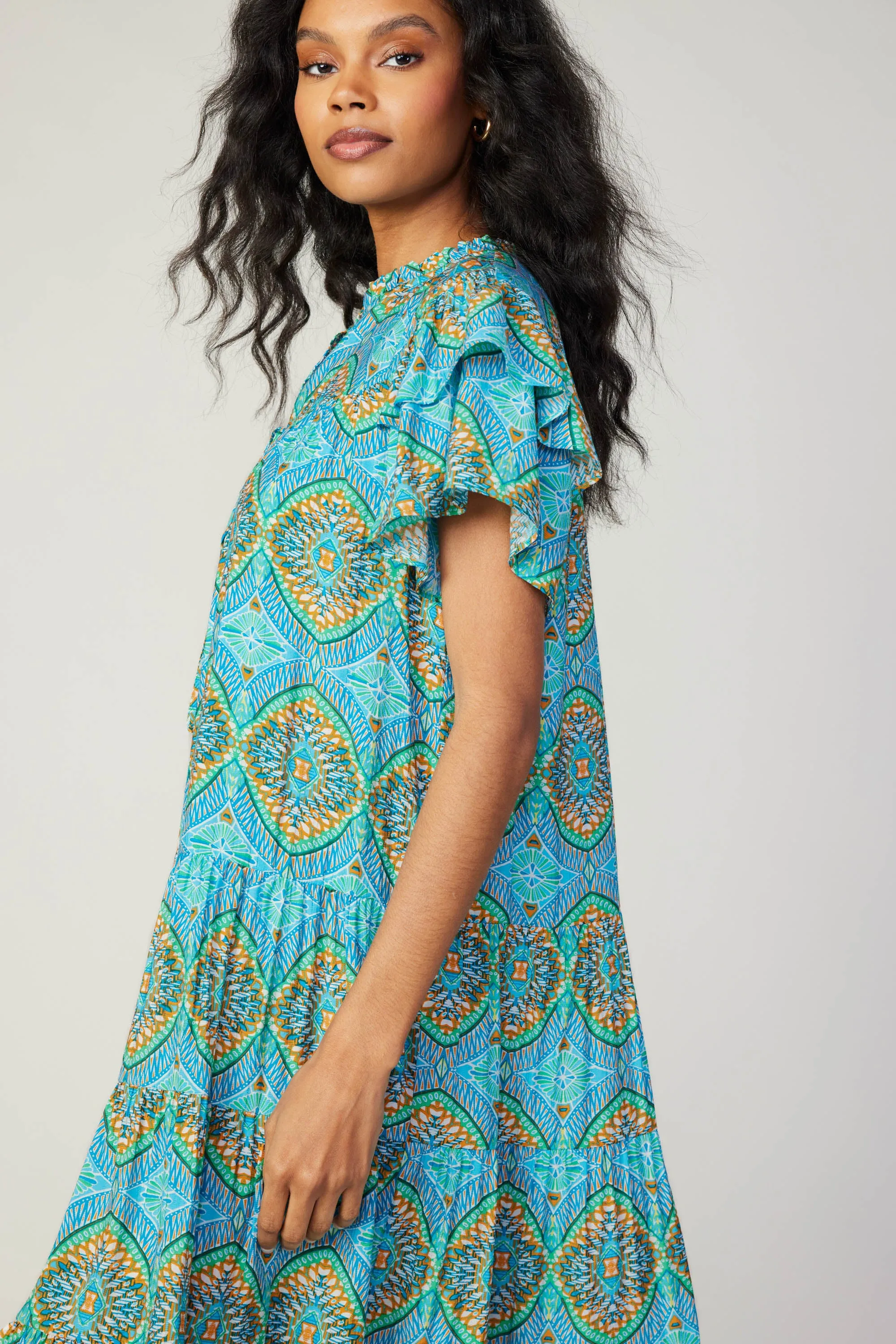 Flutter Sleeve Geo Print Dress