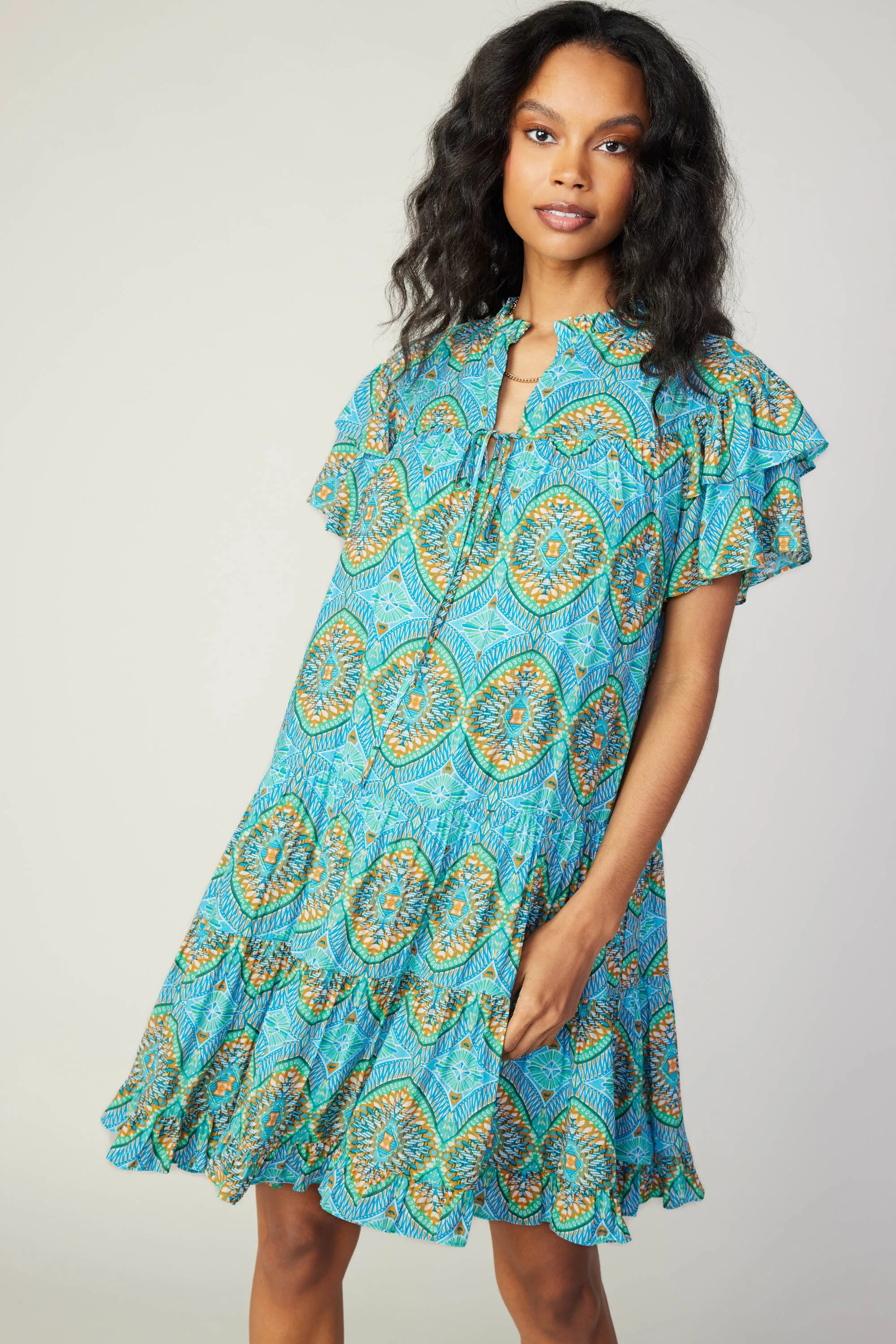 Flutter Sleeve Geo Print Dress