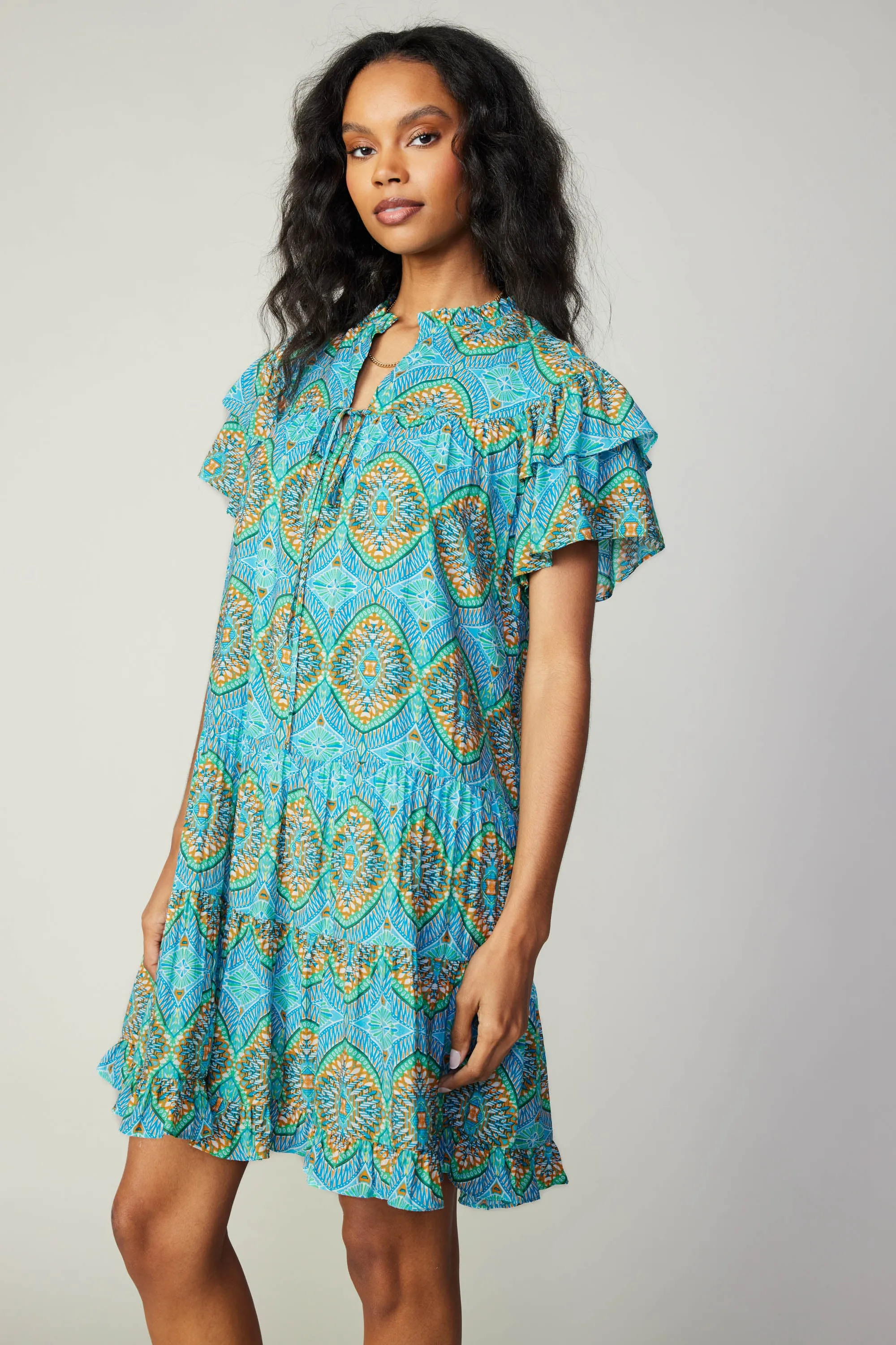 Flutter Sleeve Geo Print Dress