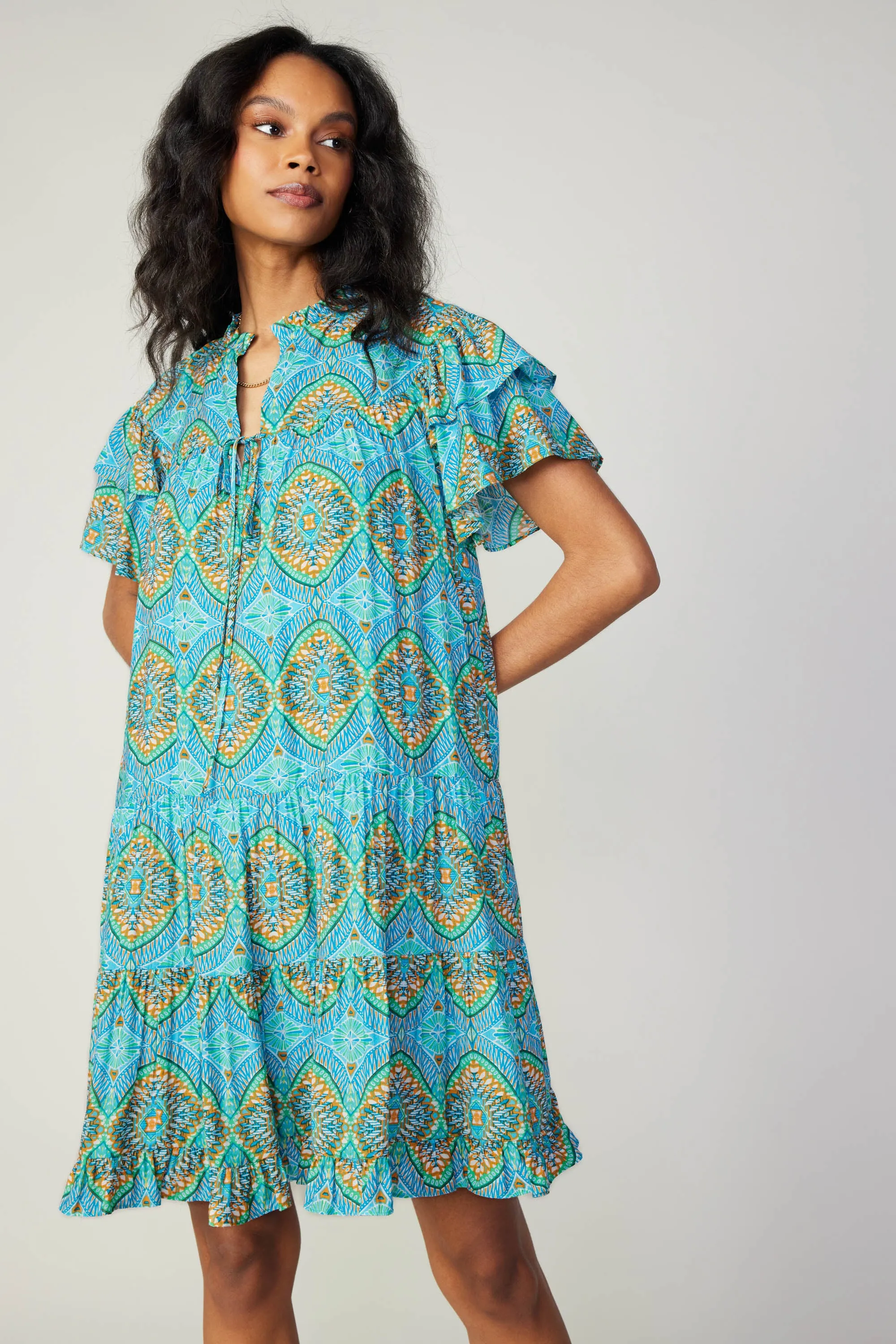 Flutter Sleeve Geo Print Dress