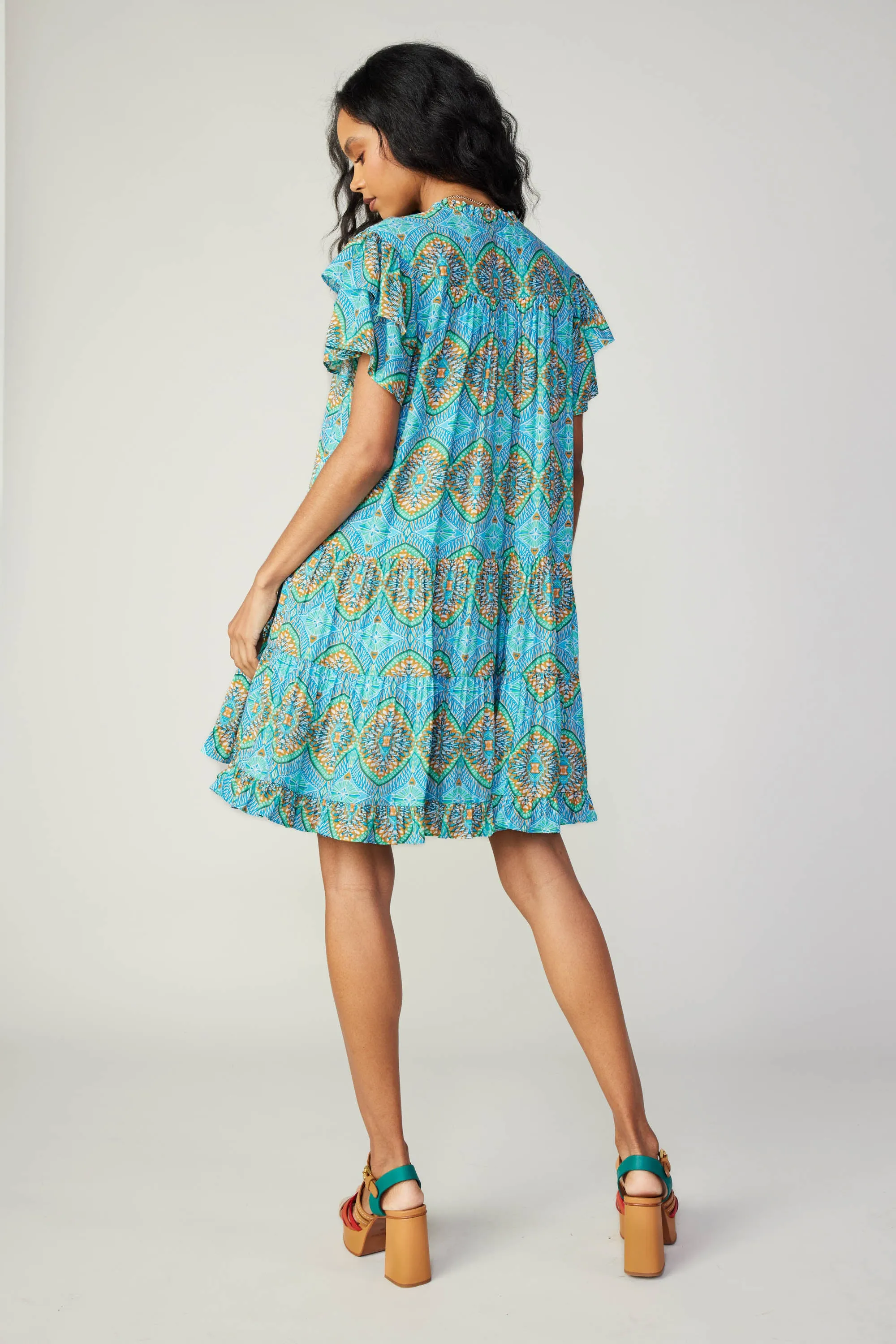 Flutter Sleeve Geo Print Dress