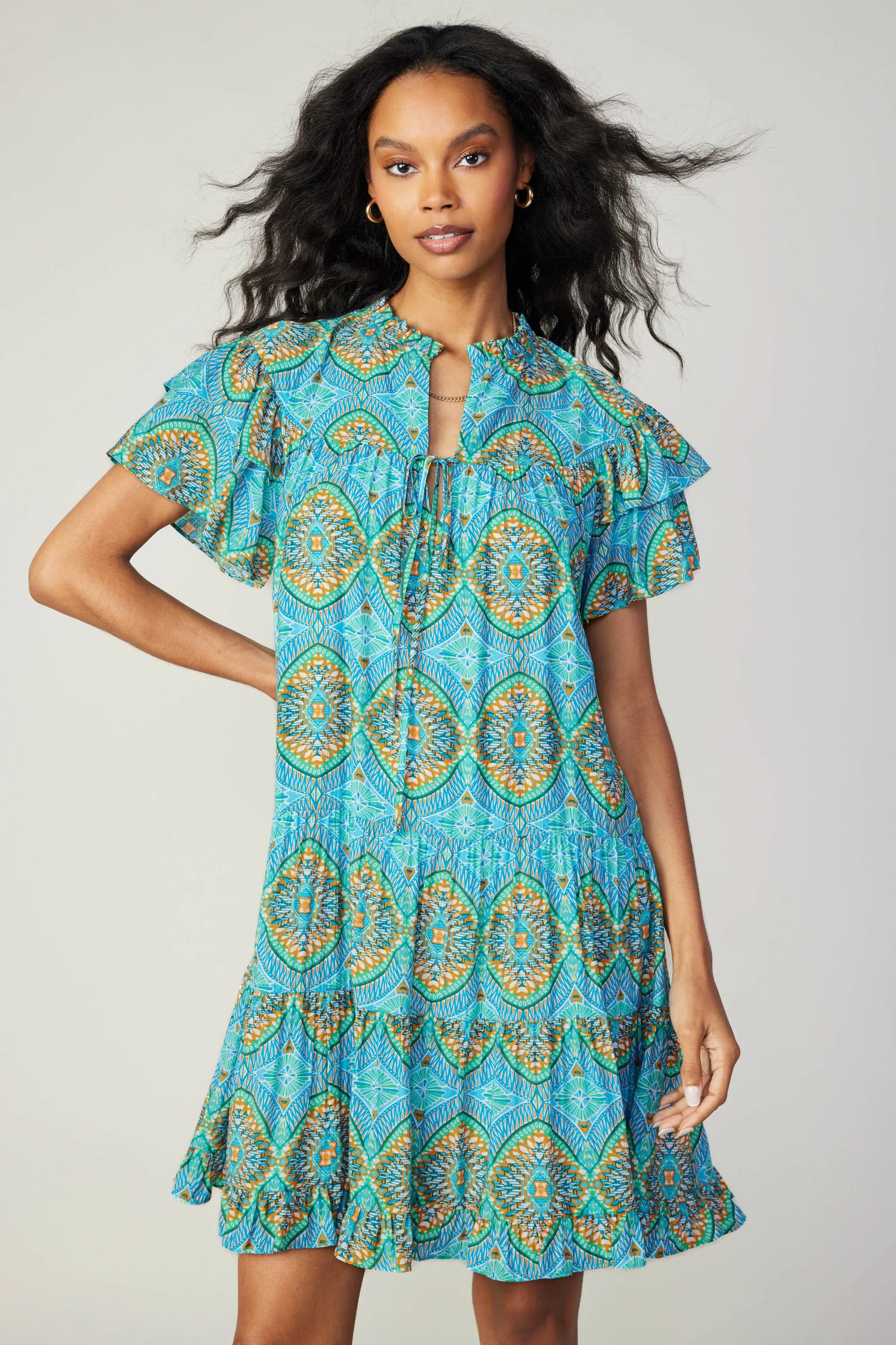 Flutter Sleeve Geo Print Dress