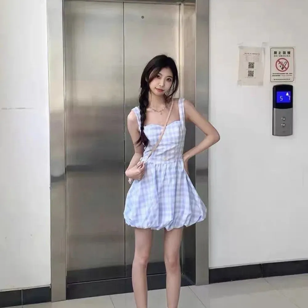 Girlary Blue checkered halter dress female waisted sweet little fresh bud fluffy skirt sub Korean fashion summer new women's clothing