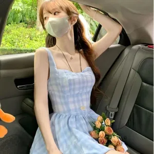 Girlary Blue checkered halter dress female waisted sweet little fresh bud fluffy skirt sub Korean fashion summer new women's clothing