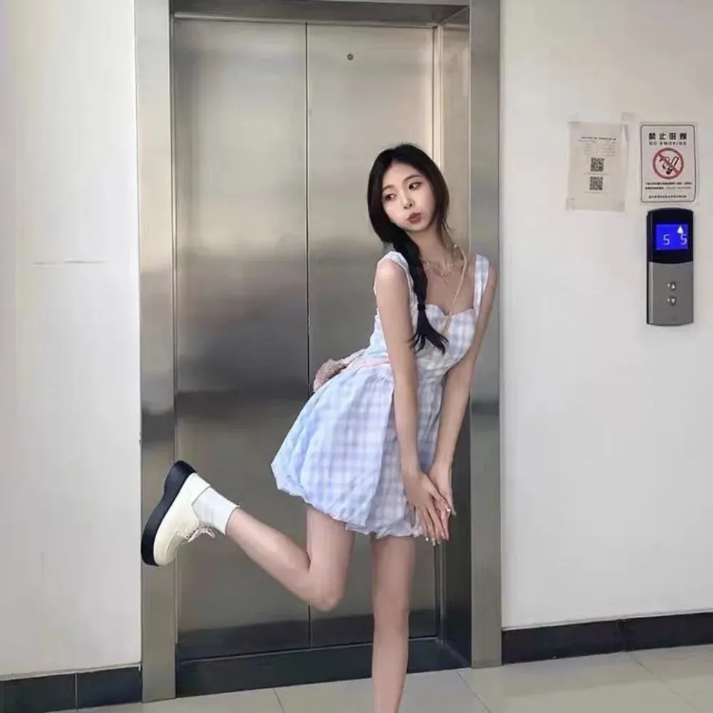 Girlary Blue checkered halter dress female waisted sweet little fresh bud fluffy skirt sub Korean fashion summer new women's clothing