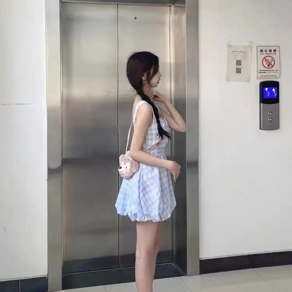 Girlary Blue checkered halter dress female waisted sweet little fresh bud fluffy skirt sub Korean fashion summer new women's clothing