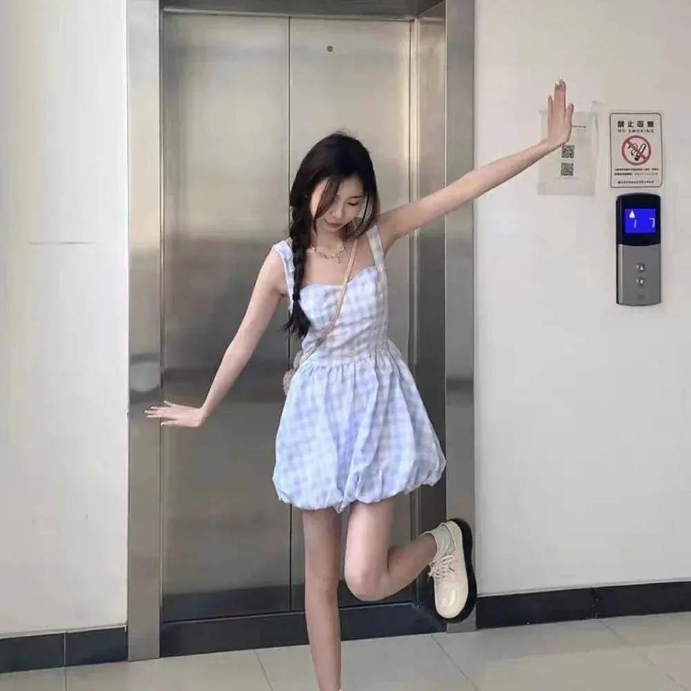 Girlary Blue checkered halter dress female waisted sweet little fresh bud fluffy skirt sub Korean fashion summer new women's clothing
