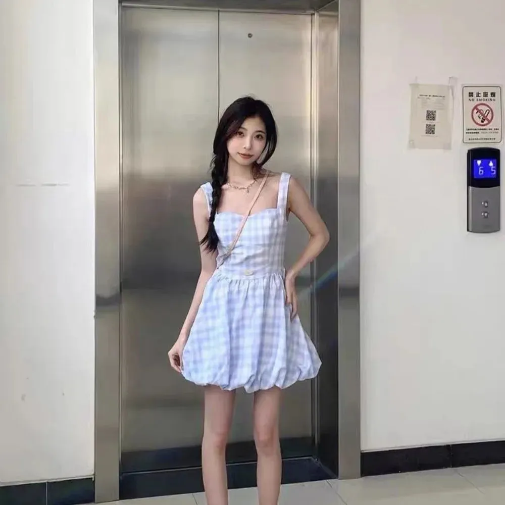 Girlary Blue checkered halter dress female waisted sweet little fresh bud fluffy skirt sub Korean fashion summer new women's clothing