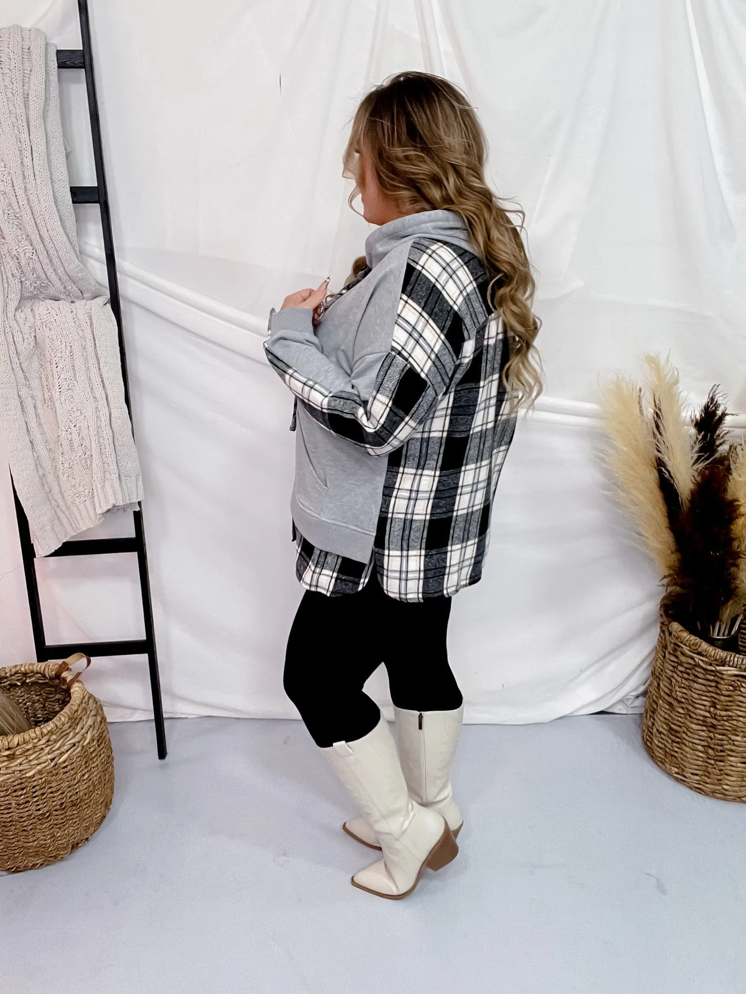 Grey Plaid Color Block Hoodie FINAL SALE