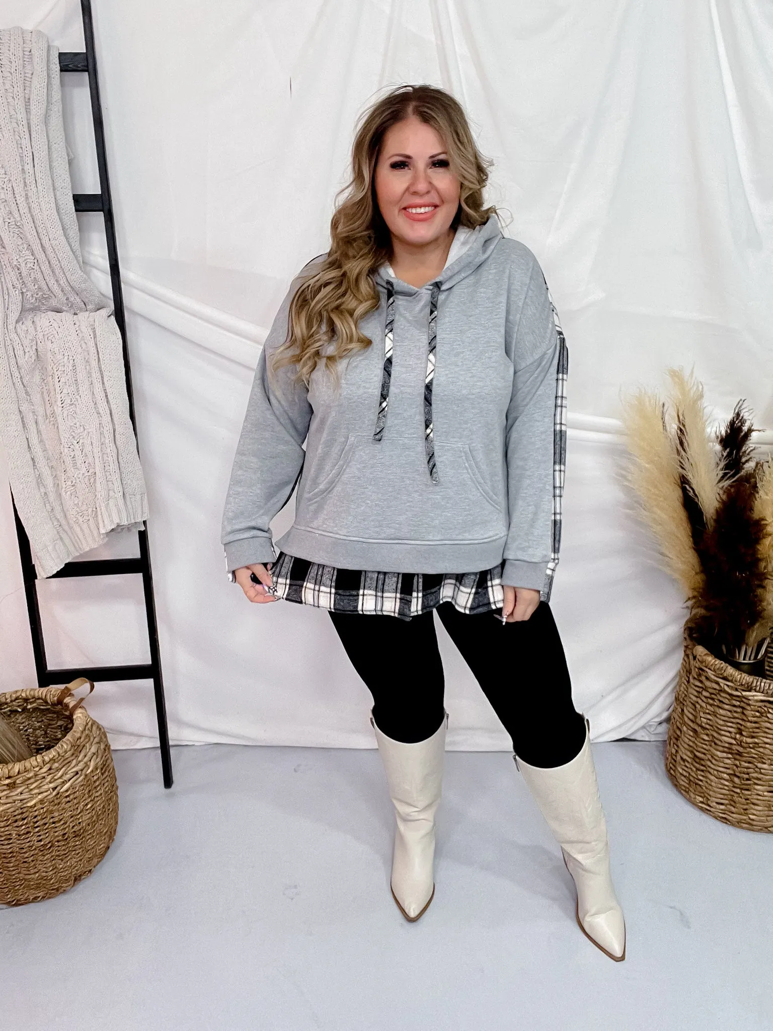 Grey Plaid Color Block Hoodie FINAL SALE