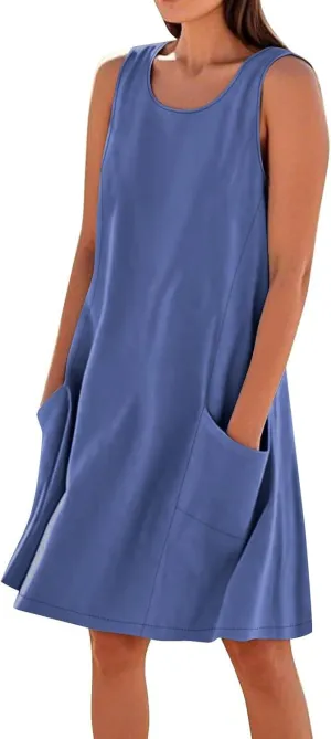 hlysgo Summer Dresses for Women 2025 Vacation Beach Cotton Linen Dress Flowy Comfy Sleeveless Mini Sundress with Pockets
