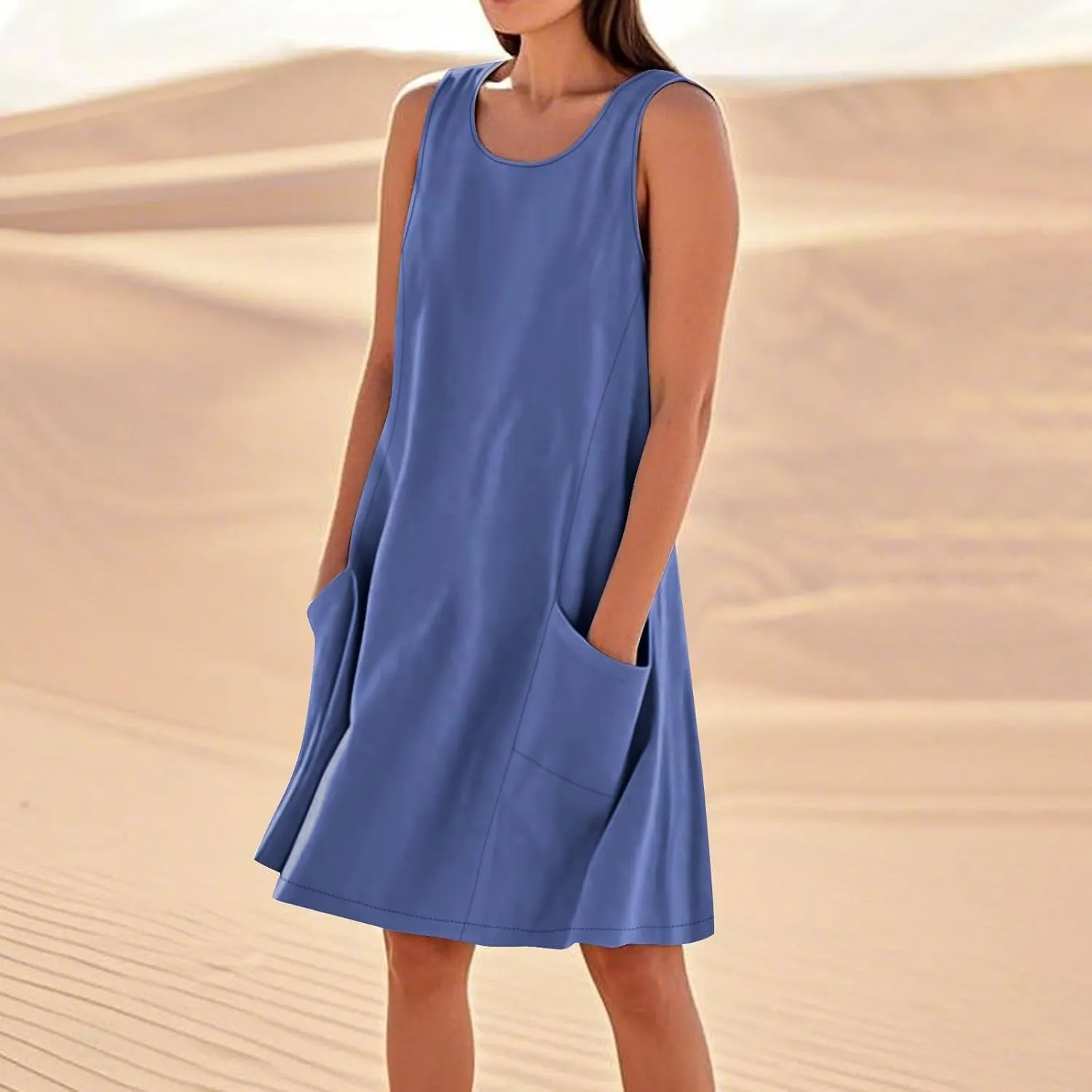 hlysgo Summer Dresses for Women 2025 Vacation Beach Cotton Linen Dress Flowy Comfy Sleeveless Mini Sundress with Pockets