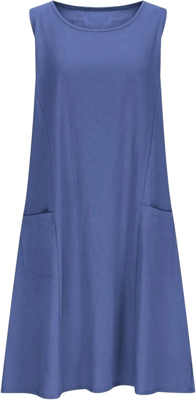 hlysgo Summer Dresses for Women 2025 Vacation Beach Cotton Linen Dress Flowy Comfy Sleeveless Mini Sundress with Pockets