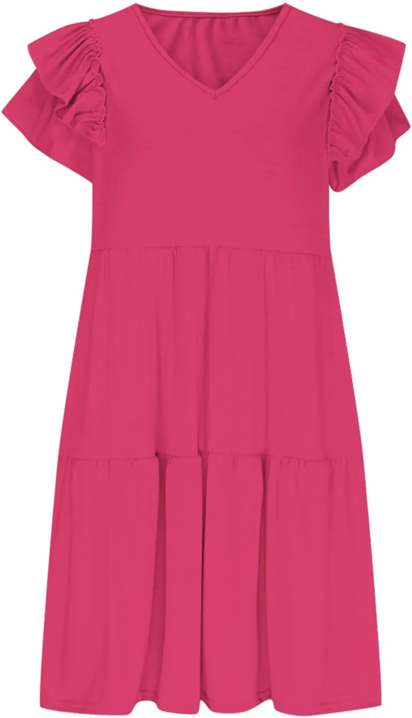 hlysgo Womens Babydoll Dresses 2025 Summer Ruffled Sleeve V Neck Mini Dress Casual Loose Fit Knee Length Tiered Beach Dress