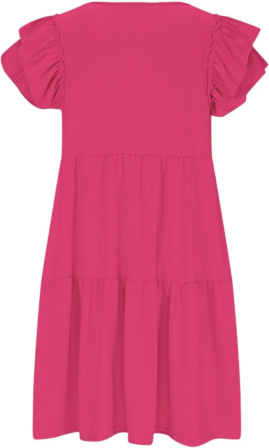 hlysgo Womens Babydoll Dresses 2025 Summer Ruffled Sleeve V Neck Mini Dress Casual Loose Fit Knee Length Tiered Beach Dress