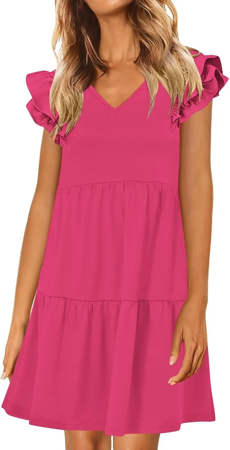 hlysgo Womens Babydoll Dresses 2025 Summer Ruffled Sleeve V Neck Mini Dress Casual Loose Fit Knee Length Tiered Beach Dress
