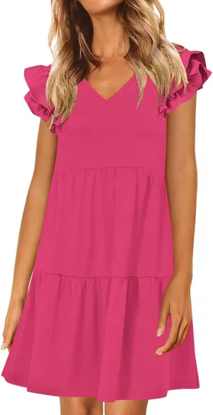 hlysgo Womens Babydoll Dresses 2025 Summer Ruffled Sleeve V Neck Mini Dress Casual Loose Fit Knee Length Tiered Beach Dress