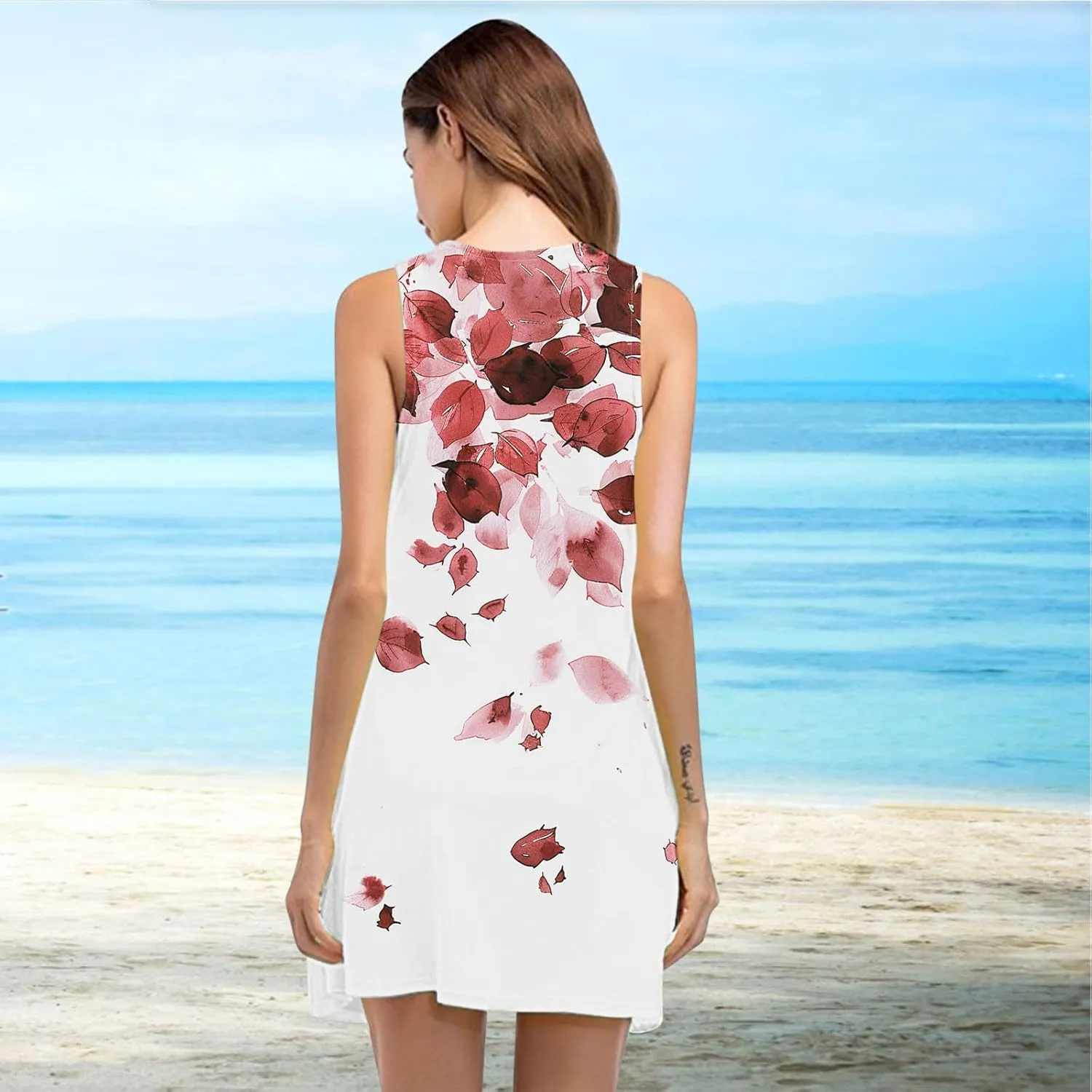 hlysgo Women's Casual Dresses 2025 Summer Sleeveless Crew Neck Mini Dress Ladies A-Line Flowy Beach Sundress with Pockets