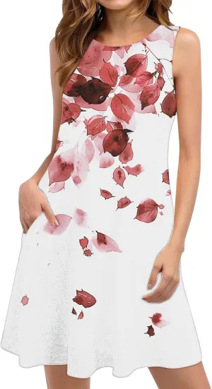 hlysgo Women's Casual Dresses 2025 Summer Sleeveless Crew Neck Mini Dress Ladies A-Line Flowy Beach Sundress with Pockets