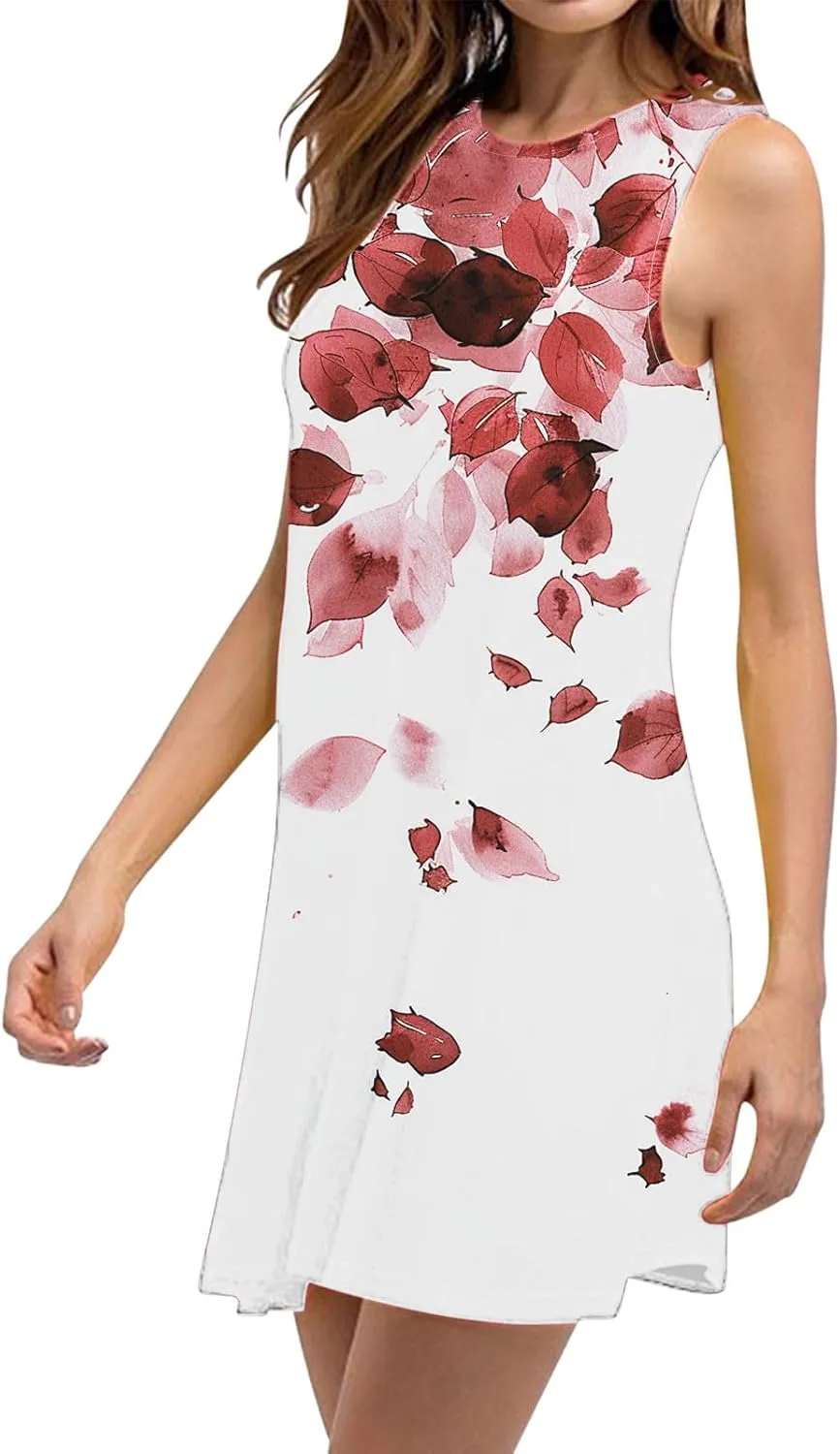 hlysgo Women's Casual Dresses 2025 Summer Sleeveless Crew Neck Mini Dress Ladies A-Line Flowy Beach Sundress with Pockets