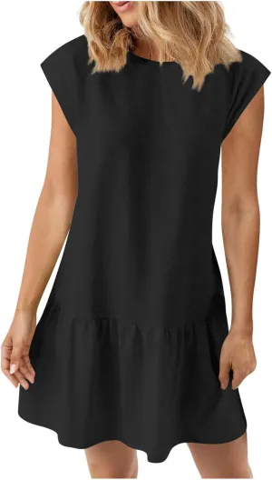 hlysgo Womens Summer T Shirt Dress Casual Loose Fit Cap Sleeve Ruffle Hem Workout Dresses Teen Girls Crewneck Mini Dresses