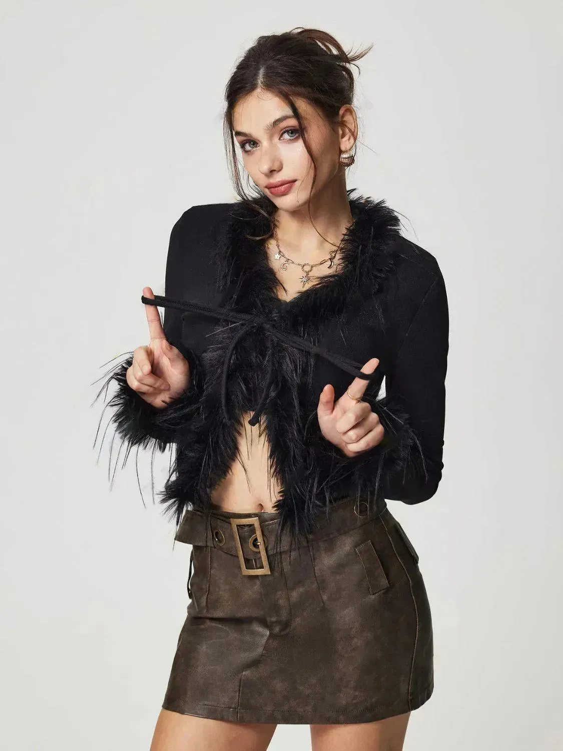 Knit Cardigan with Tied Fuzzy Trim and Long Sleeves