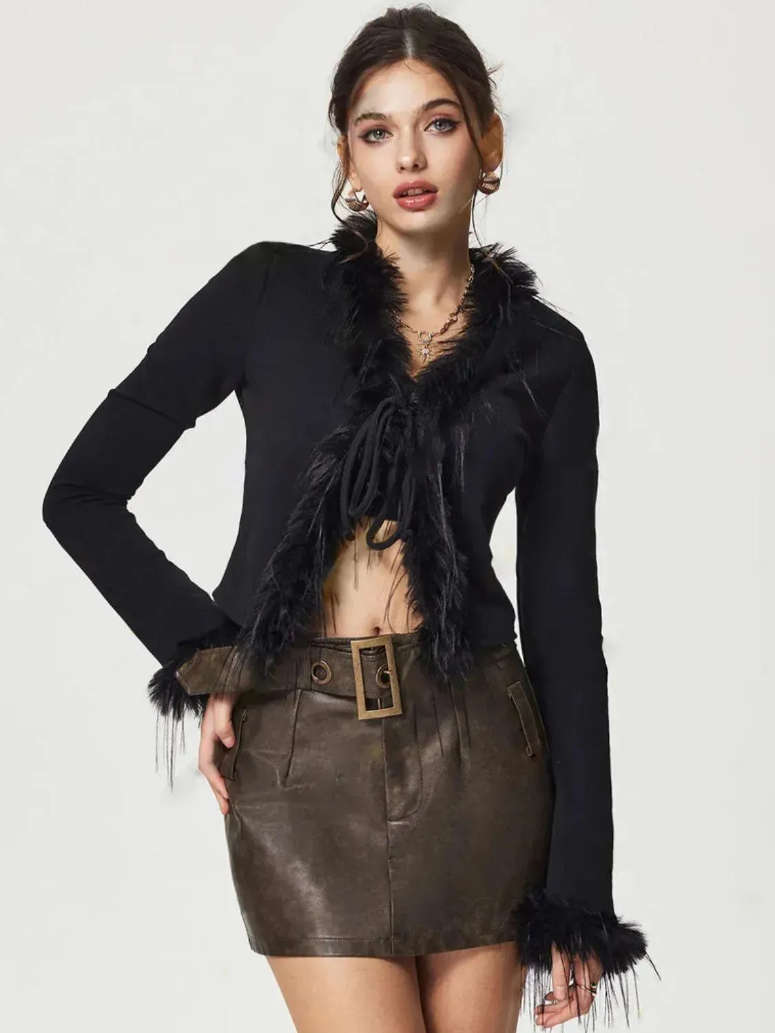 Knit Cardigan with Tied Fuzzy Trim and Long Sleeves