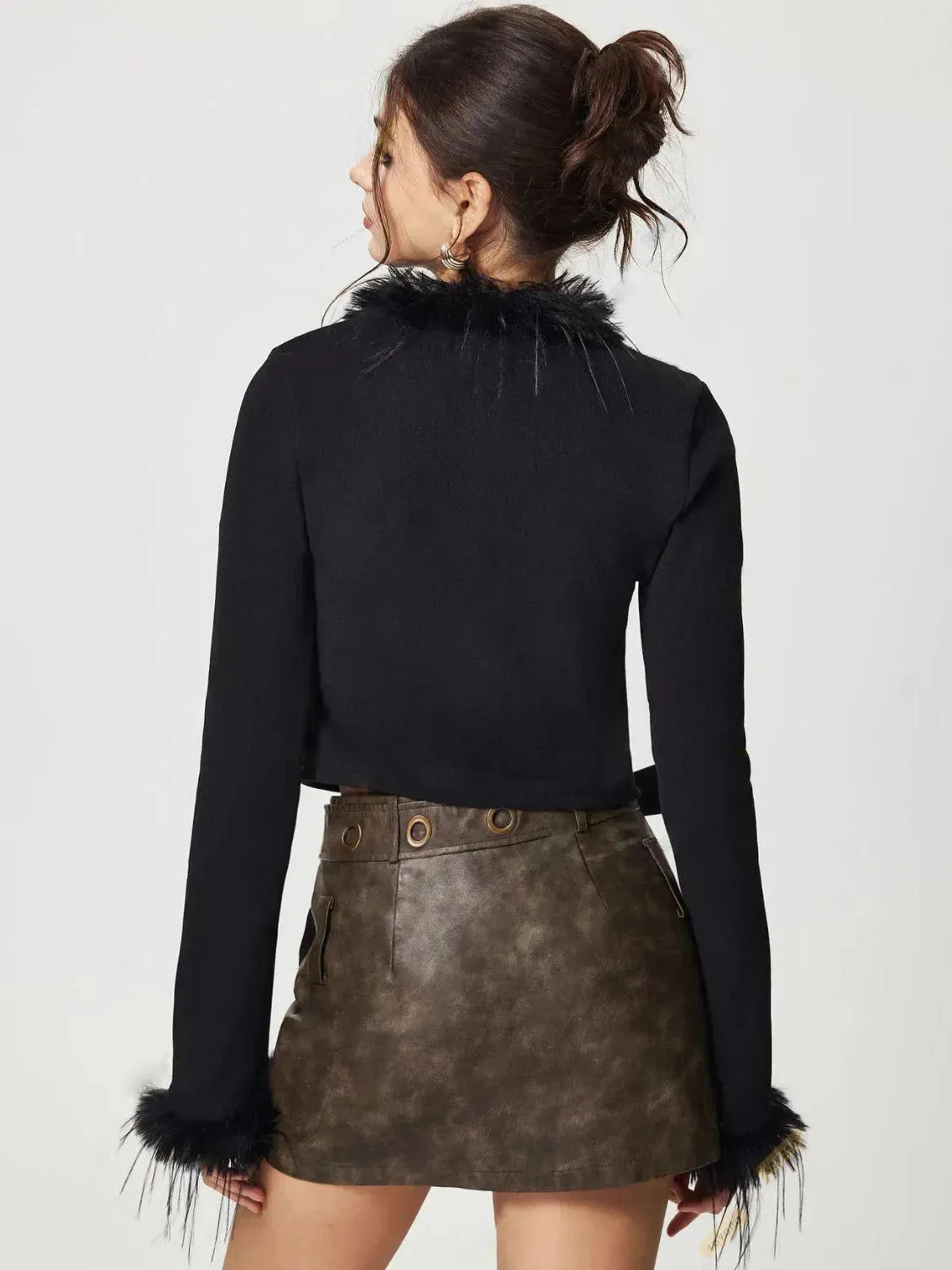 Knit Cardigan with Tied Fuzzy Trim and Long Sleeves