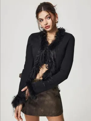 Knit Cardigan with Tied Fuzzy Trim and Long Sleeves