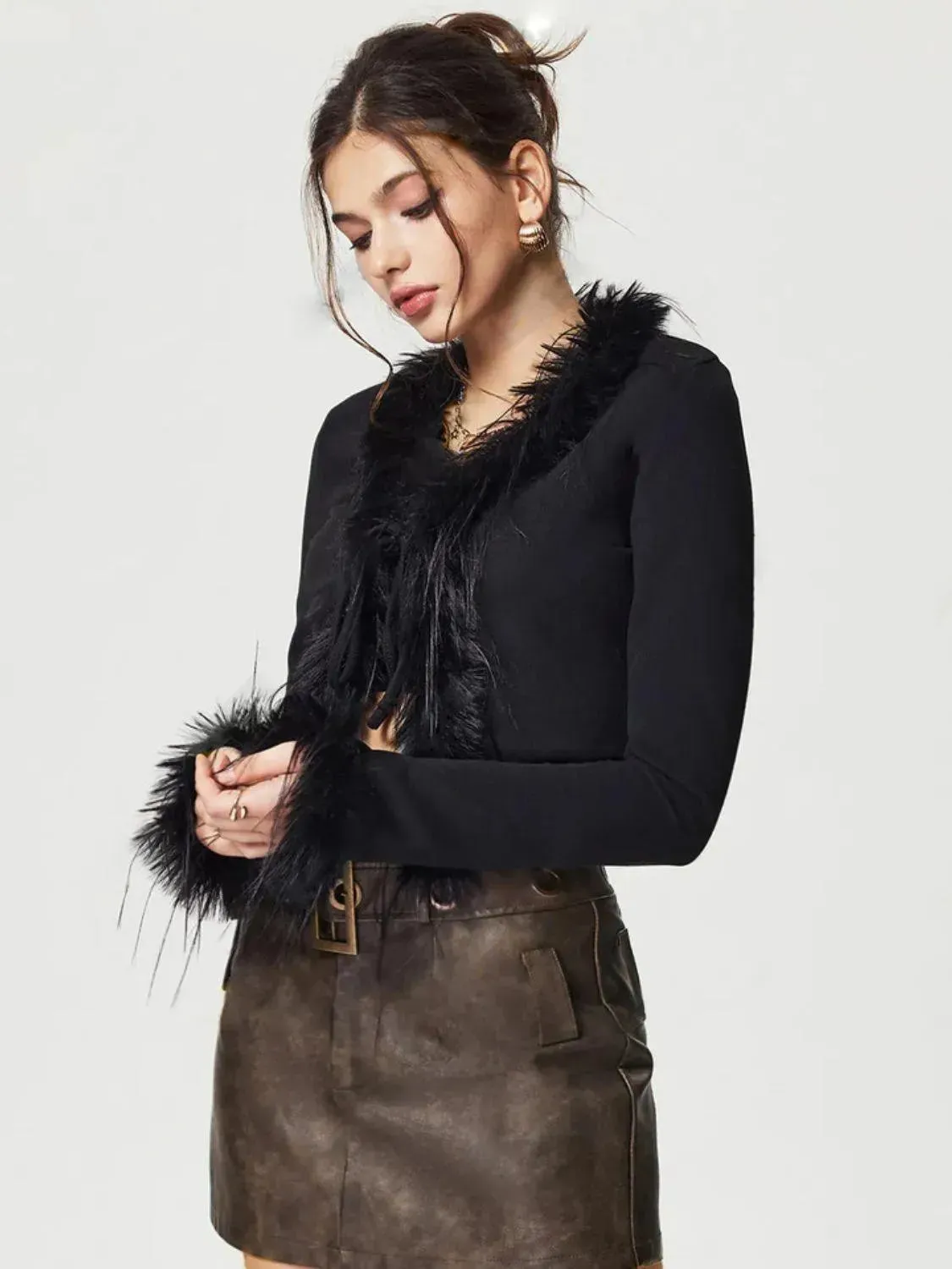 Knit Cardigan with Tied Fuzzy Trim and Long Sleeves