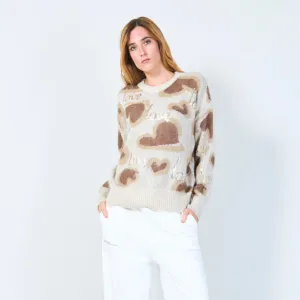 Love motif fuzzy knit sweater wholesale