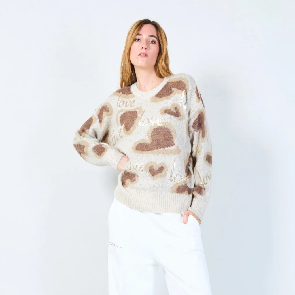 Love motif fuzzy knit sweater wholesale