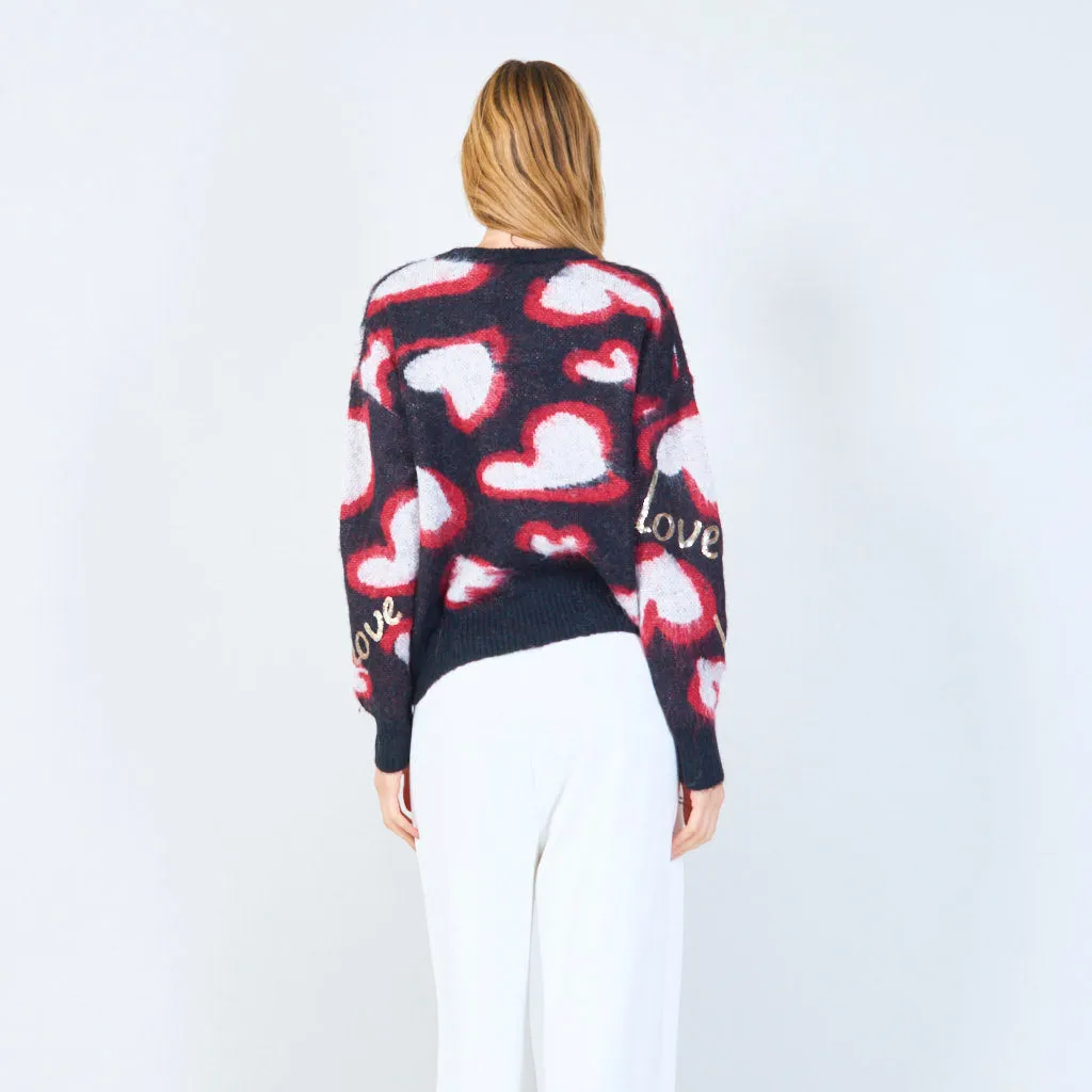 Love motif fuzzy knit sweater wholesale