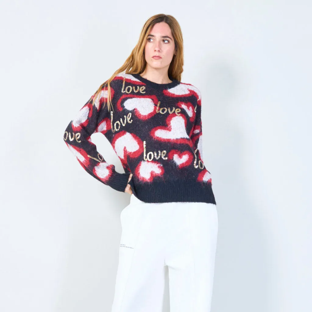 Love motif fuzzy knit sweater wholesale