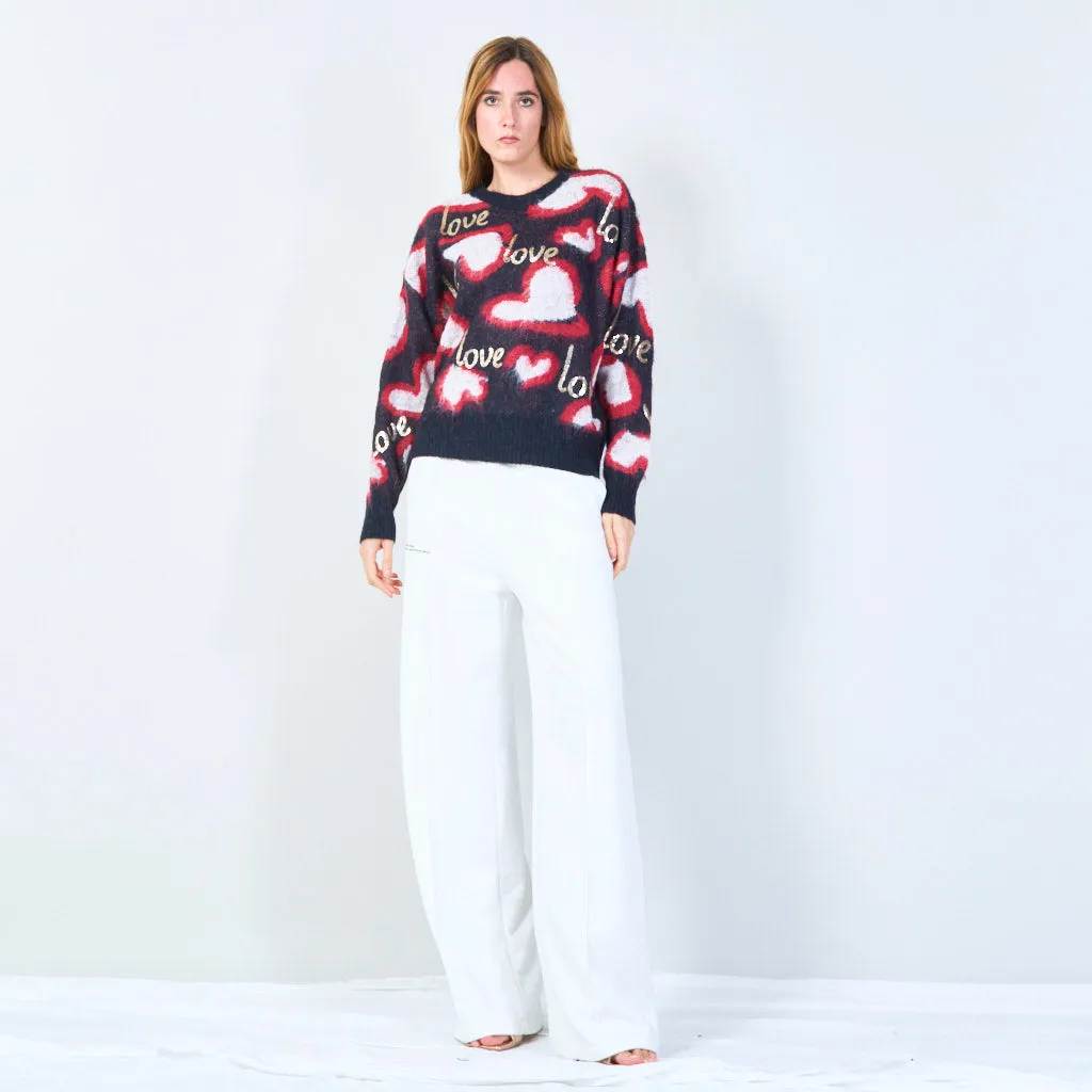 Love motif fuzzy knit sweater wholesale