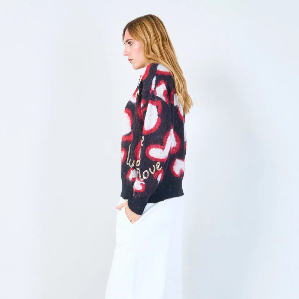 Love motif fuzzy knit sweater wholesale