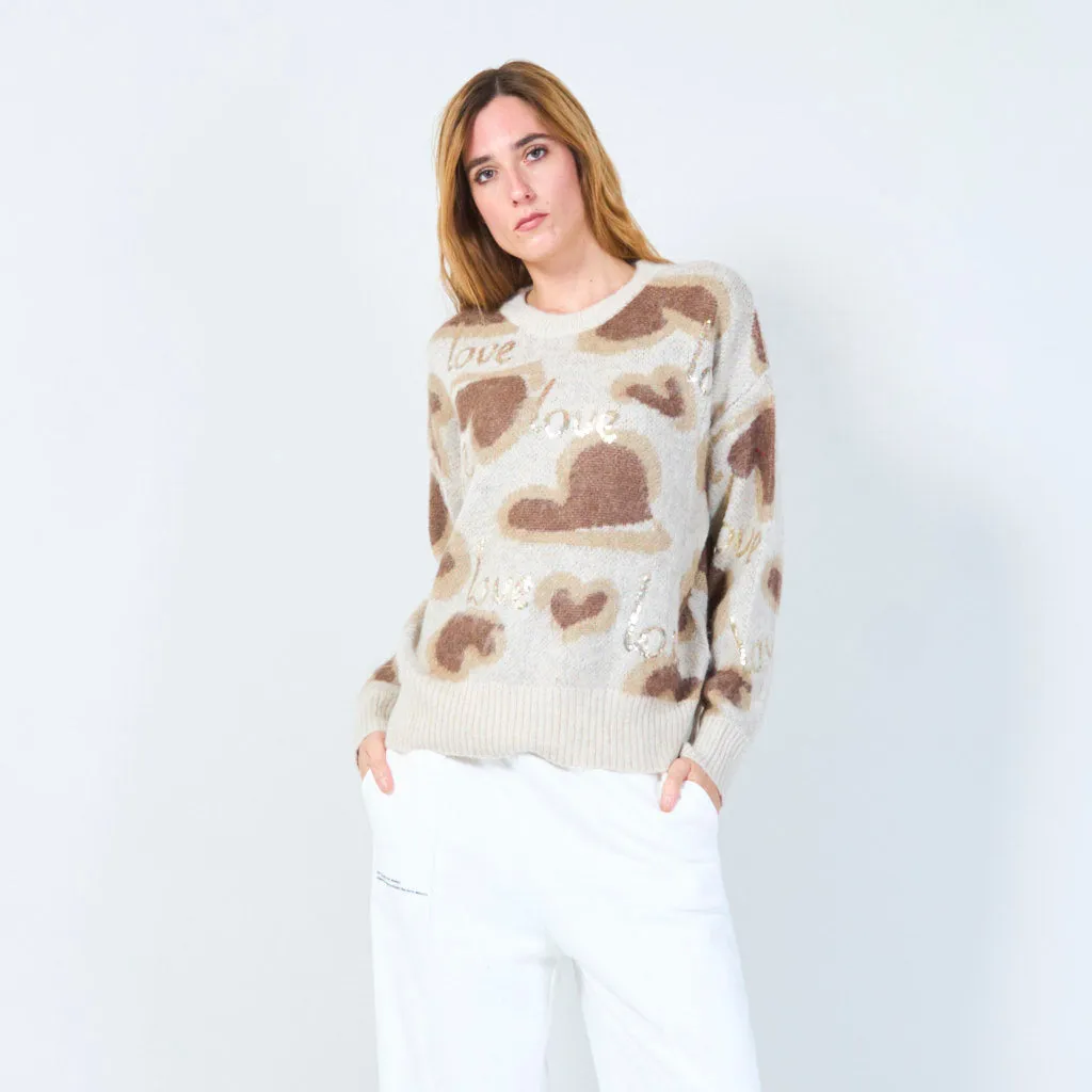 Love motif fuzzy knit sweater wholesale