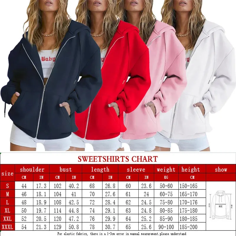 LVSANW Autumn Winter Women Fashion Casual Zipper Hoodie High Street Solid Long Sleeve Pockets Loose Unisex Outerwear Sweatshirts