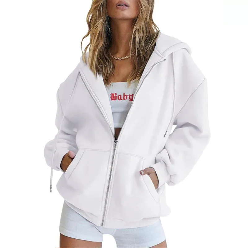 LVSANW Autumn Winter Women Fashion Casual Zipper Hoodie High Street Solid Long Sleeve Pockets Loose Unisex Outerwear Sweatshirts