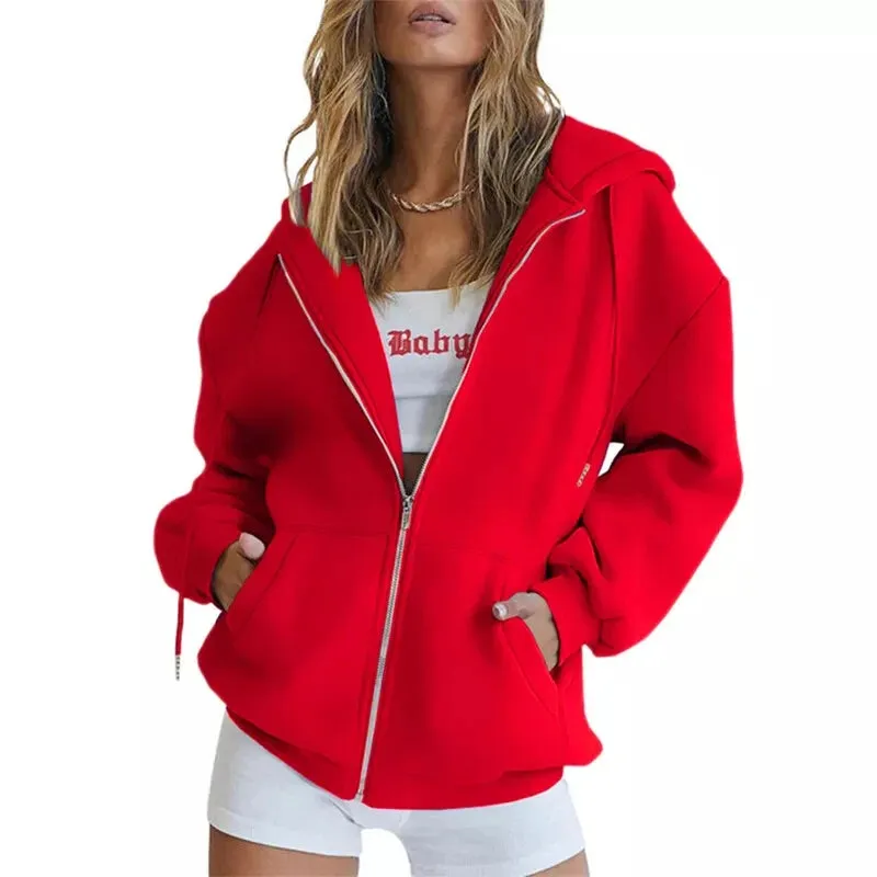 LVSANW Autumn Winter Women Fashion Casual Zipper Hoodie High Street Solid Long Sleeve Pockets Loose Unisex Outerwear Sweatshirts