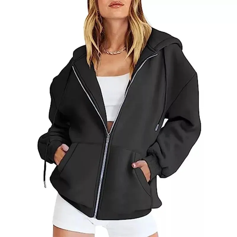 LVSANW Autumn Winter Women Fashion Casual Zipper Hoodie High Street Solid Long Sleeve Pockets Loose Unisex Outerwear Sweatshirts