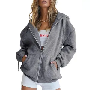 LVSANW Autumn Winter Women Fashion Casual Zipper Hoodie High Street Solid Long Sleeve Pockets Loose Unisex Outerwear Sweatshirts