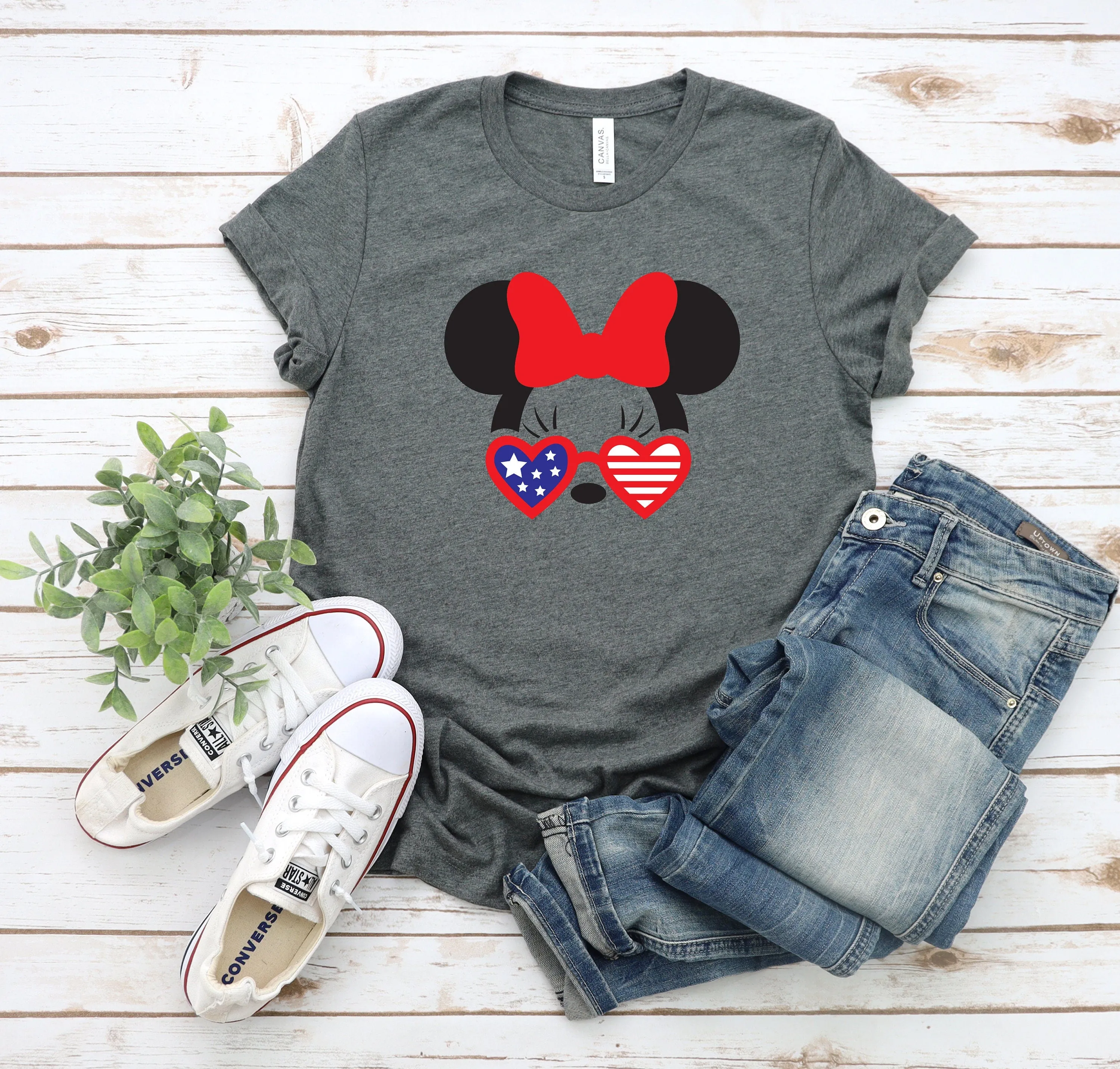 Minnie Mouse with heart glasses Stars and Stripes - Fourth of July Adult T Shirt - Independence Day - Memorial - Red White and Blue
