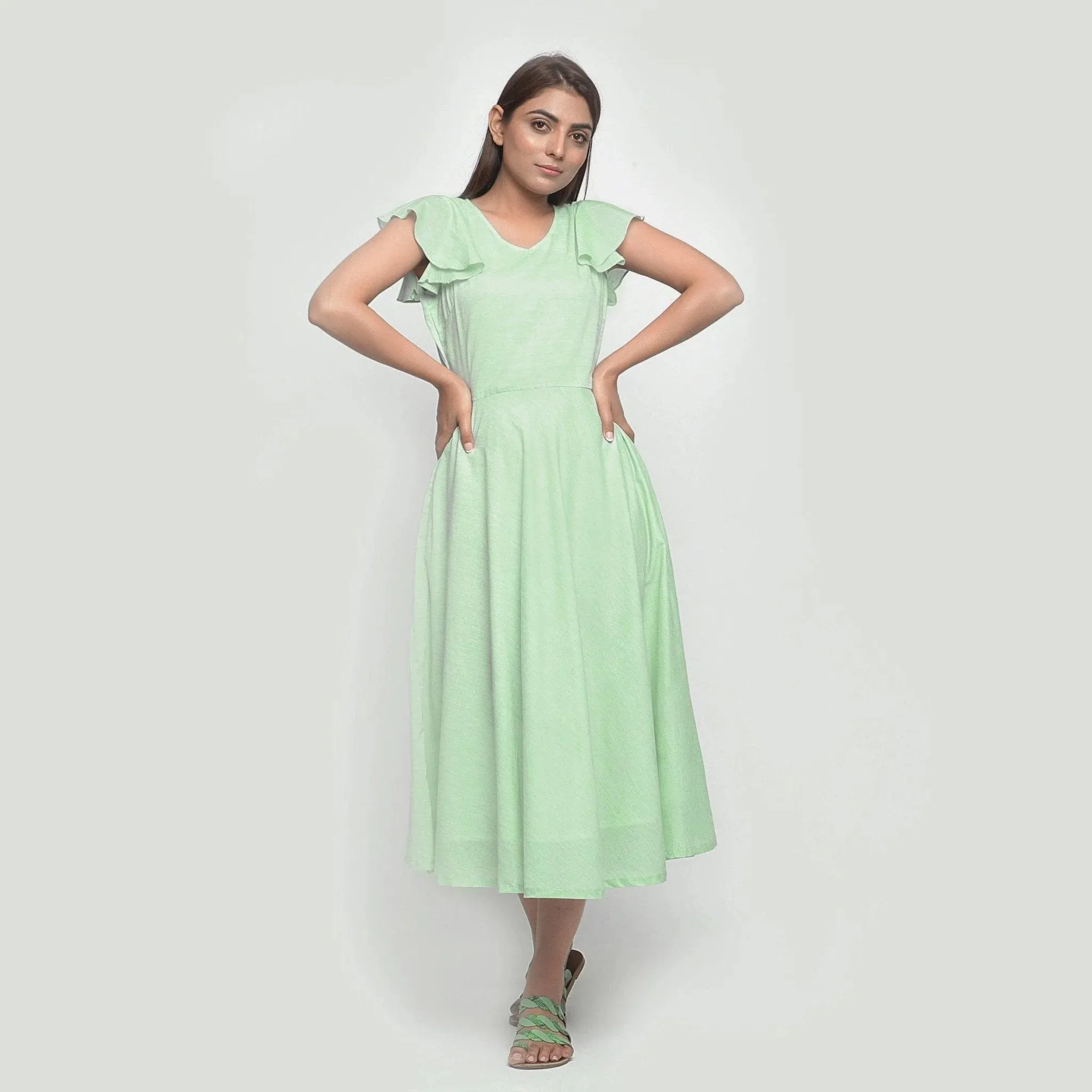 Mint Green Yarn Dyed Cotton Fit and Flare Maxi Dress