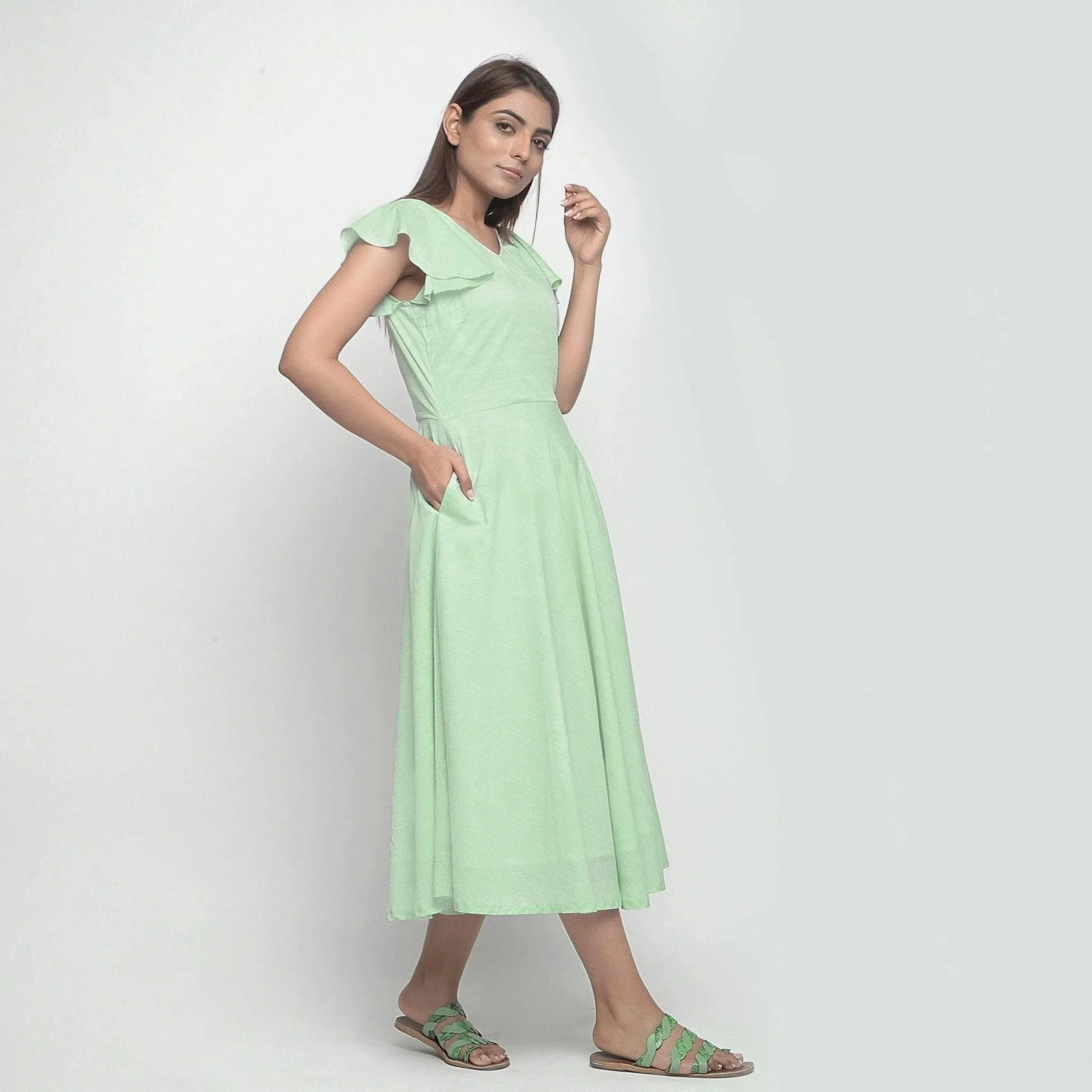 Mint Green Yarn Dyed Cotton Fit and Flare Maxi Dress