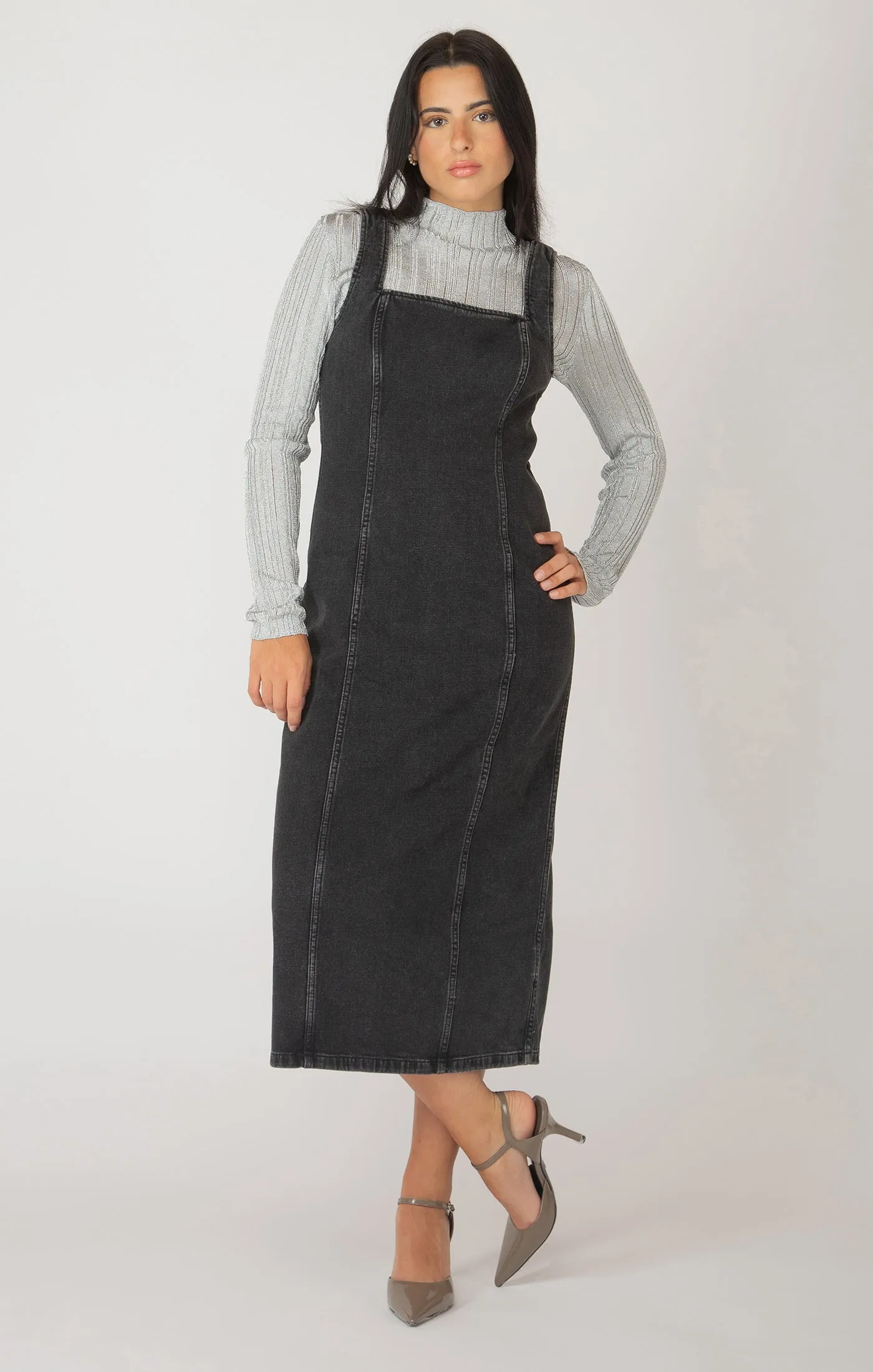 Panelled Denim Midi Dress | Black Wash