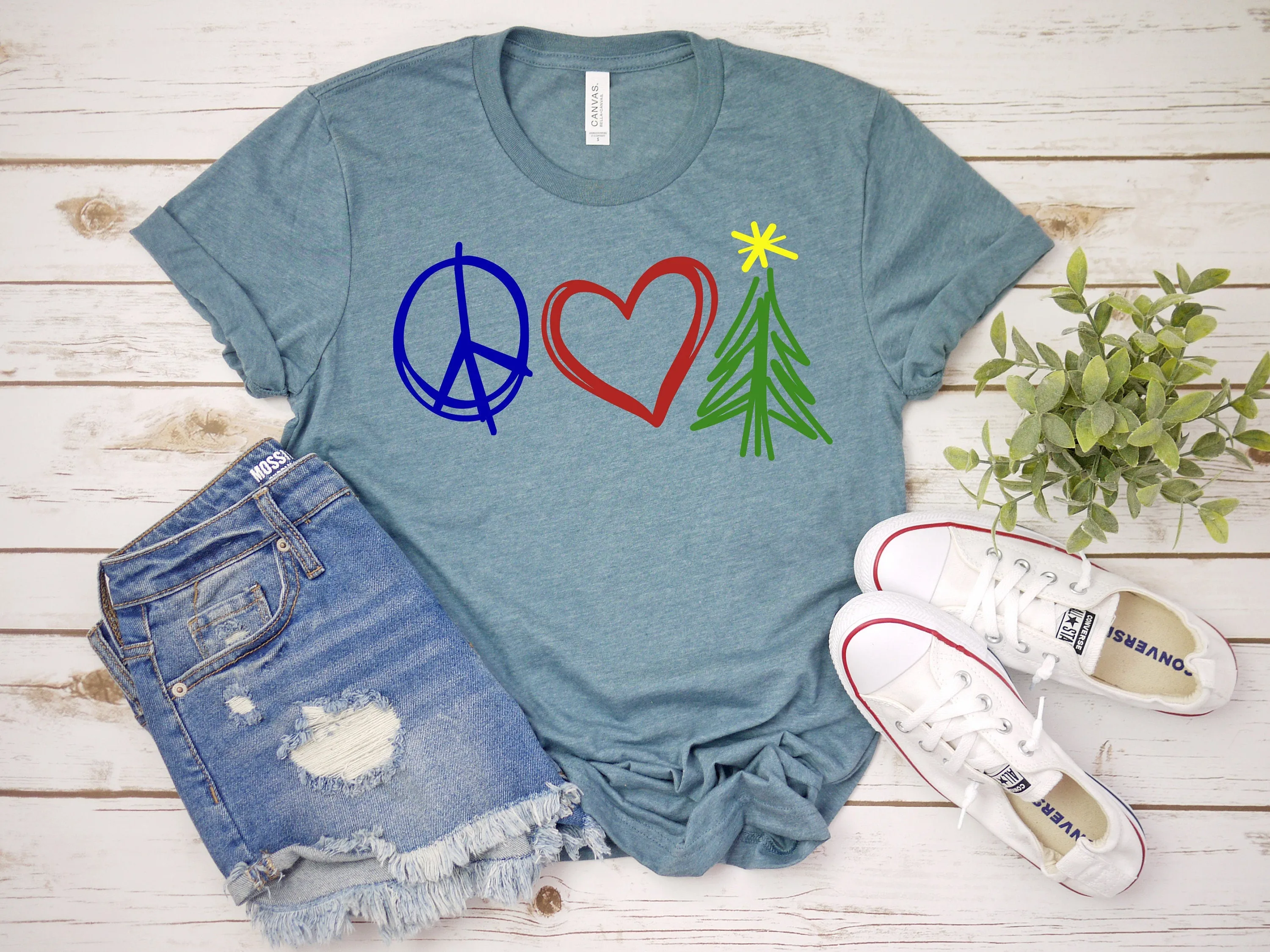 Peace Love Christmas Tree Shirt - X-Mas T-Shirt - Cute Christmas Holiday Shirt - Family Church School