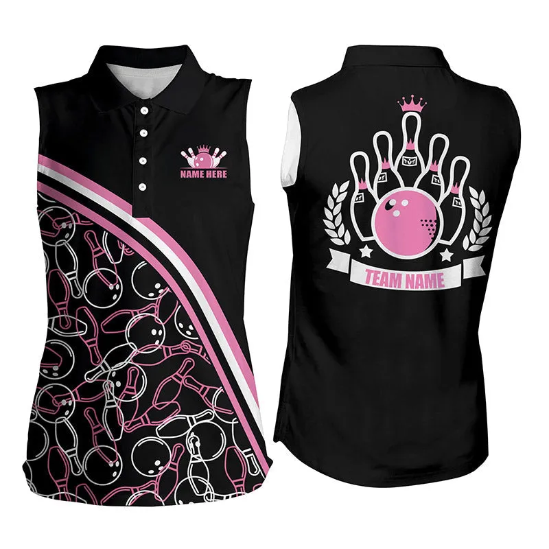 Personalized Bowling Sleeveless Polo Shirt Custom Name Black Blue Bowling Pattern, Bowling Team Shirts