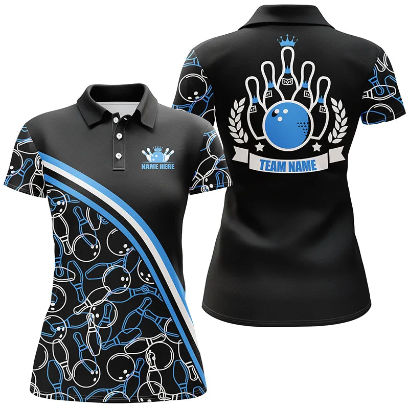 Personalized Bowling Sleeveless Polo Shirt Custom Name Black Blue Bowling Pattern, Bowling Team Shirts