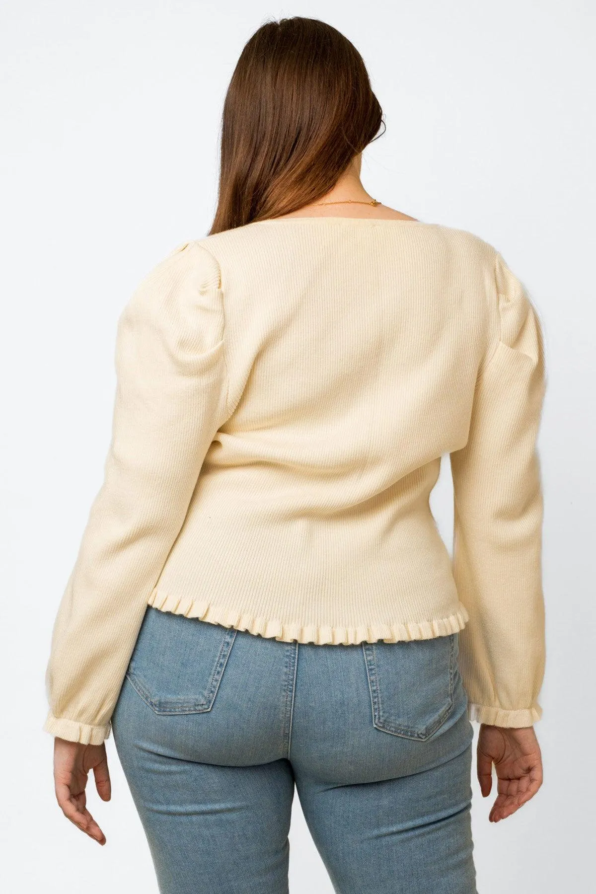 Plus Size Balloon Long Sleeve Ruffle Detail Ribbed Top